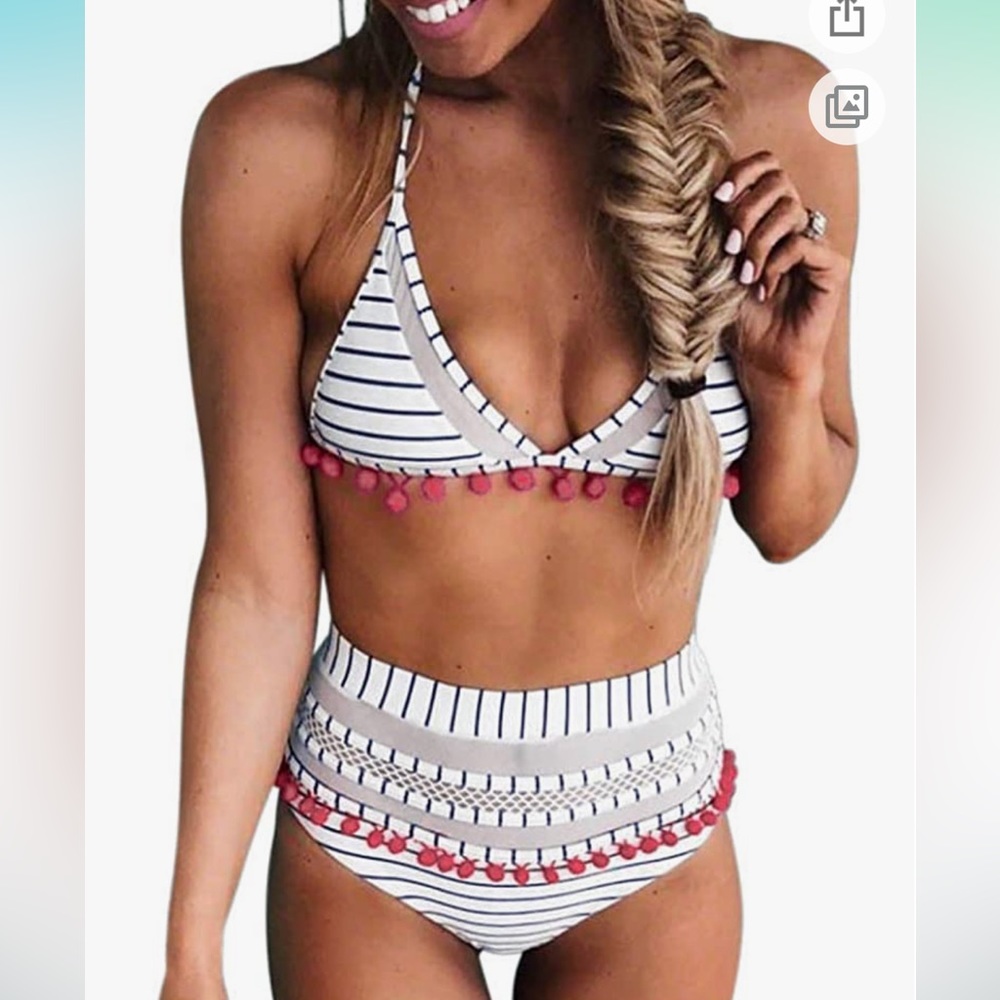 Bdcoco Women's High Waist Two Pieces Bikini Set Halter Straps Tassel Swimsuit L